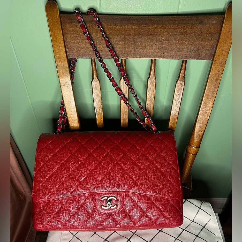 Chanel Red Quilted Caviar Maxi Classic Flap